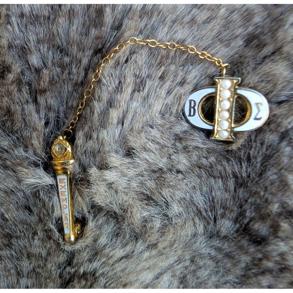 Beta Sigma Phi Sorority Pin White Enamel Faux Pearl with Rhinestone Torch Chain